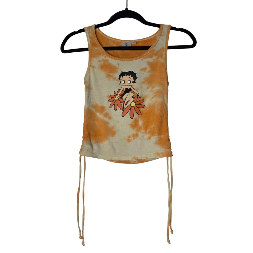 Betty Boop Tie Dye Ruched Side Tank Top Orange Cream Graphic Crop XS